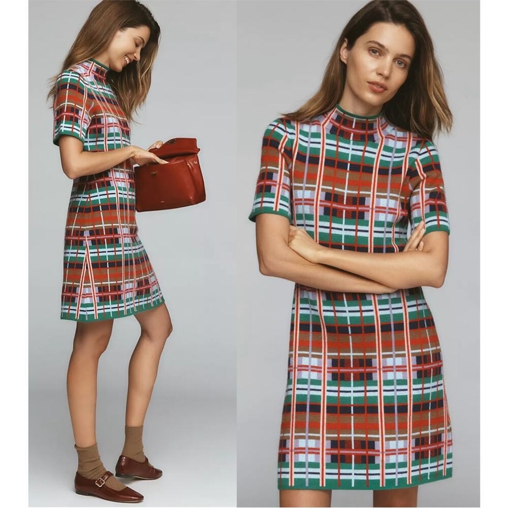 NWT! Anthro Rainbow Plaid Nina Short-Sleeve Mock-Neck Mod Sweater Mini Dress 🎆